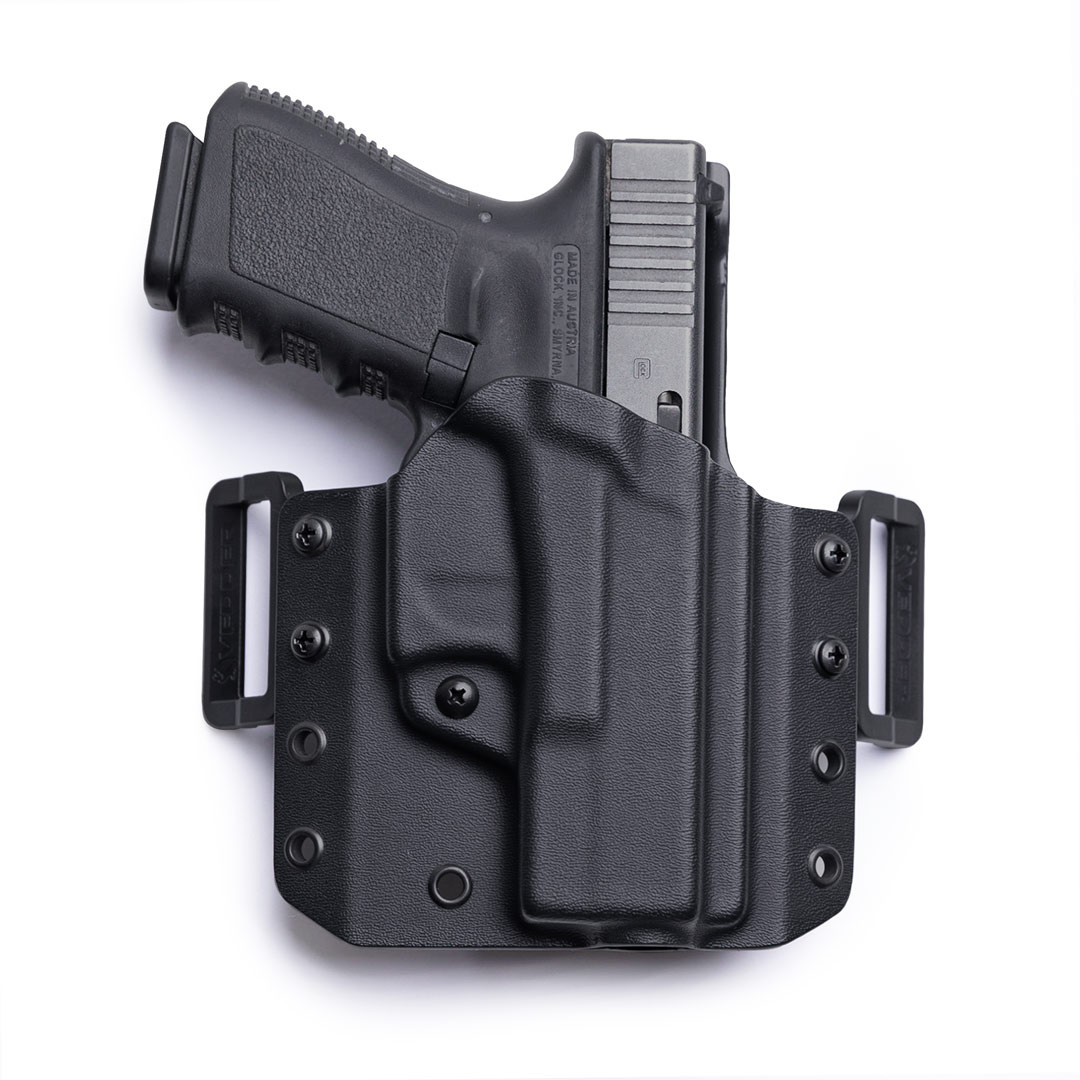 Front view of LightDraw with pancake clips and holstered firearm featuring no/zero cant angle.