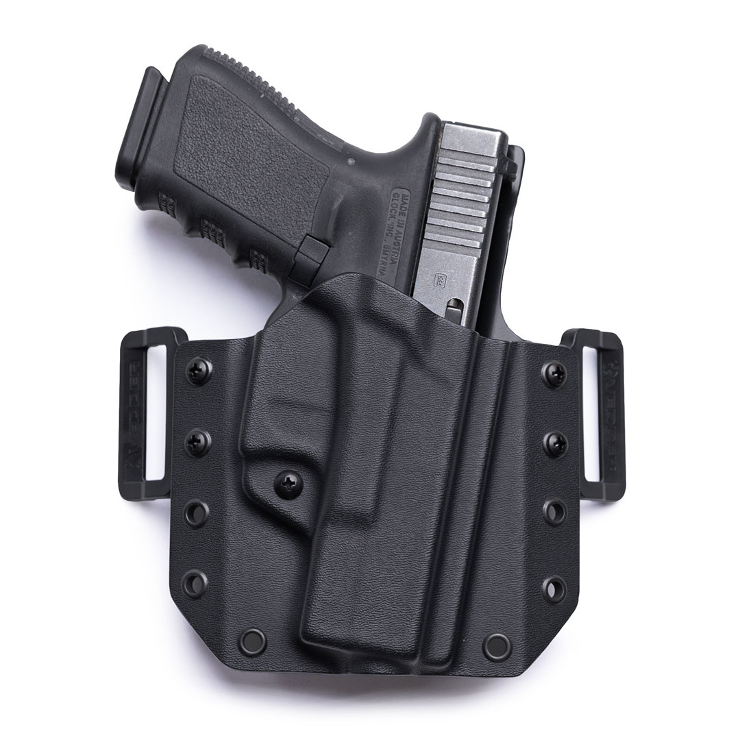 Front view of LightDraw with pancake clips and holstered firearm featuring a forward cant angle.