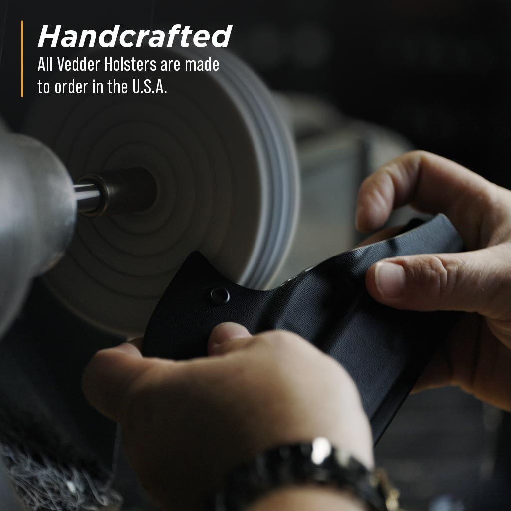 Vedder Holster craftsman polishing a Pocket Locker holster.