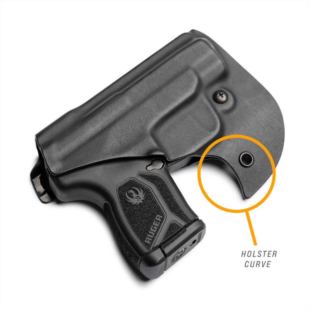 Front slanted view of Pocket Locker with graphic callout to holster curve.