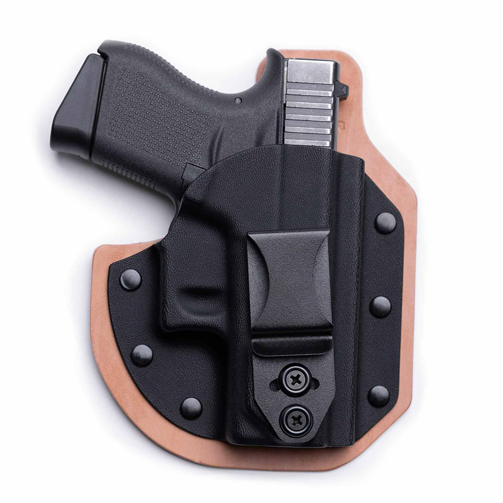 Front  view of RapidTuck with horsehide leather with holstered firearm