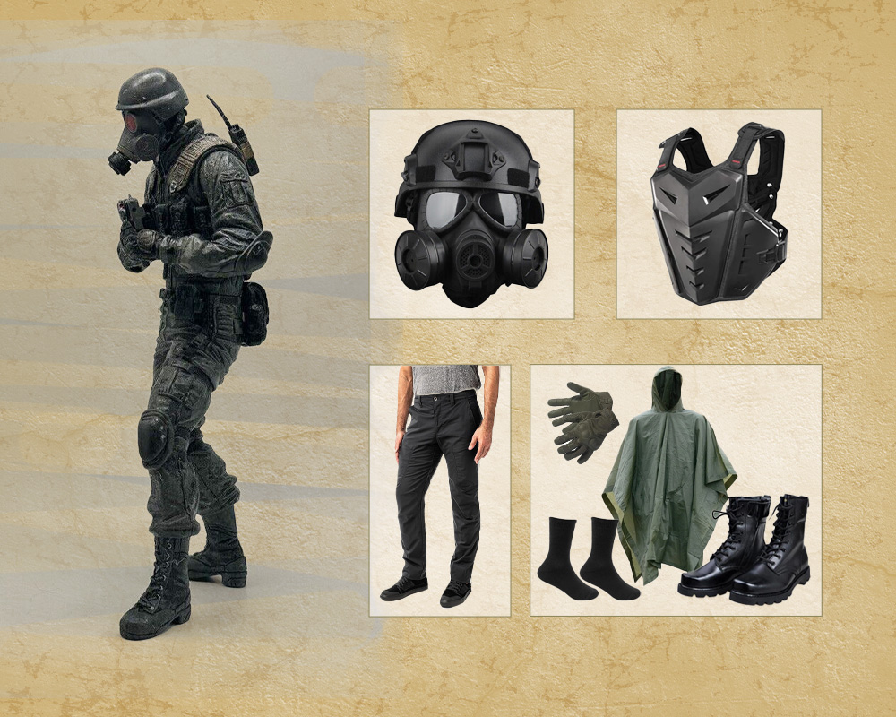 Man wearing protective gear like a mask, helmet, chest armor, boots, long black pants and gloves. 