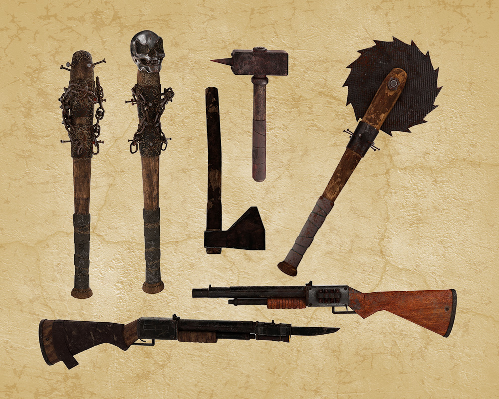 Zombie/Apocalypse looking weapons like bats with chains, shotguns, saws and hammers.