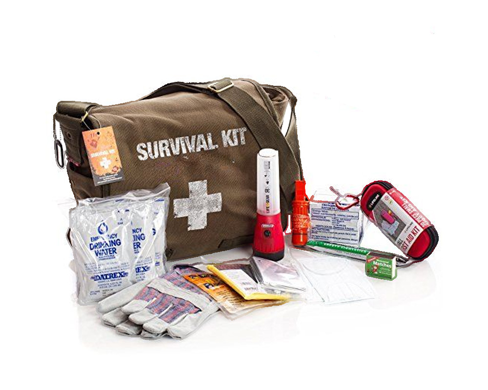 Survival Bag Kit with survival objects like a flashlight, water, gloves, etc.