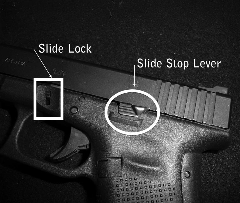 Visual of a slide lock and the slide stop level on a handgun.