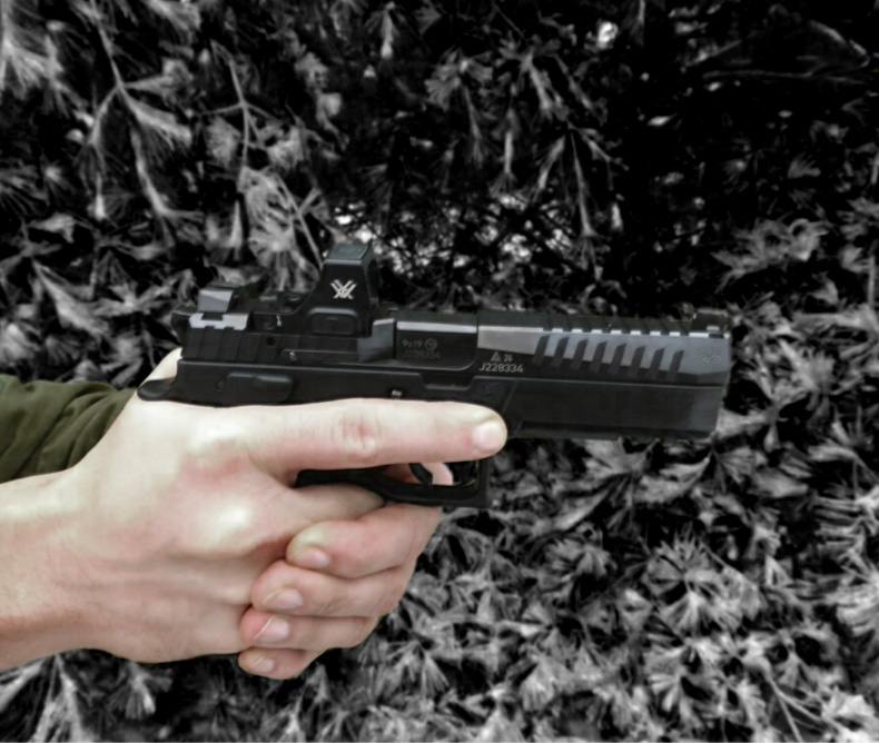 Man holding the new CZ P-09 Nocturne in Full Size and Compact Variations