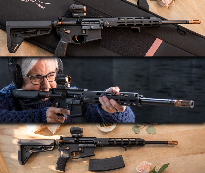 Sig Sauer New Release the M400 Rose Rifle, being displayed twice laying on top of a table and also been held by a old lady ready to fire at what seems a gun range.