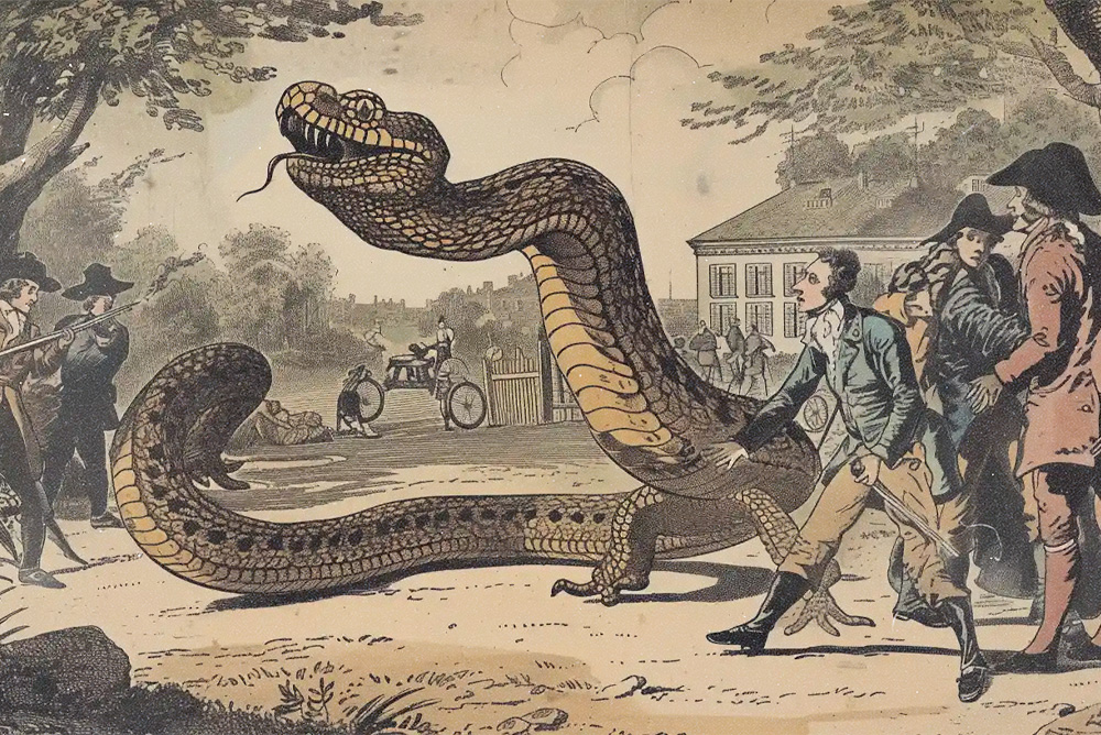 Dont tread on me history -  old drawing of a big snake with legs and soldiers