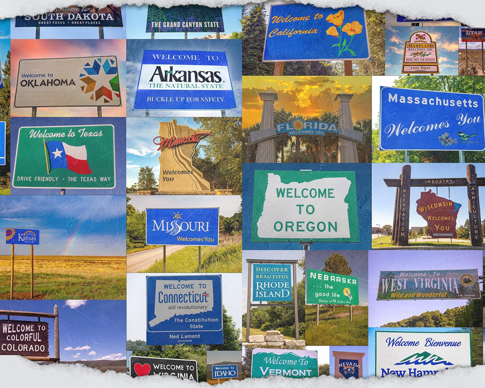 Collage of Welcome to signs to different states in the USA