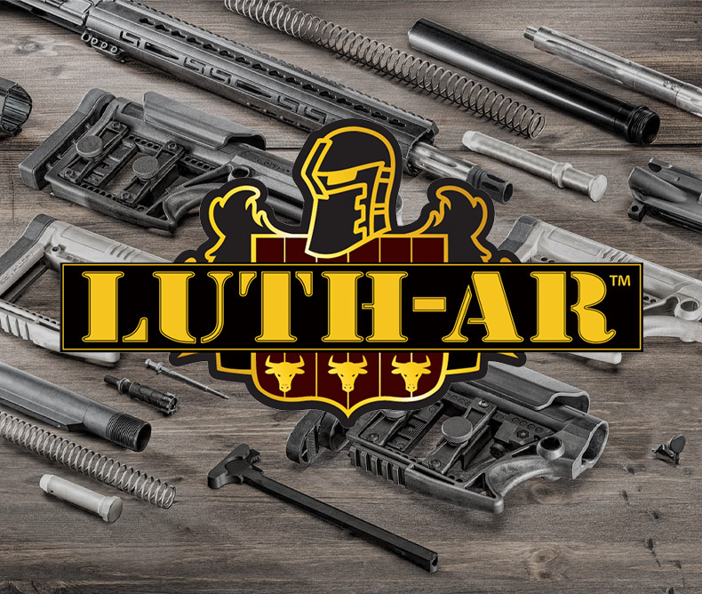 Luth-AR Logo with guns in the background